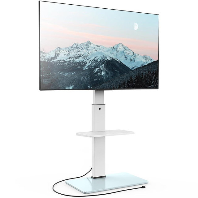 FITUEYES Floor TV Stand for 32-75 inch TV with Power Outlet, Tall TV Stand for Bedroom Living Room with Tempered Glass Base, Floor TV Mount Holds Up to 88lbs MAX VESA 600x400mm,White