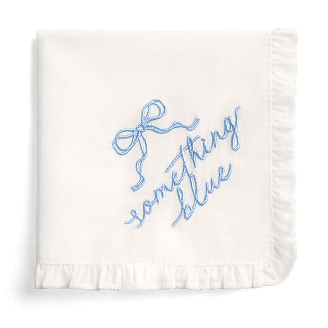 xo, Fetti Something Blue Embroidered Handkerchief | 10"x10" | White Wedding Accessory, Bridesmaid Gift, Bridal Tissue, Bow Napkin, Ruffled Kleenex
