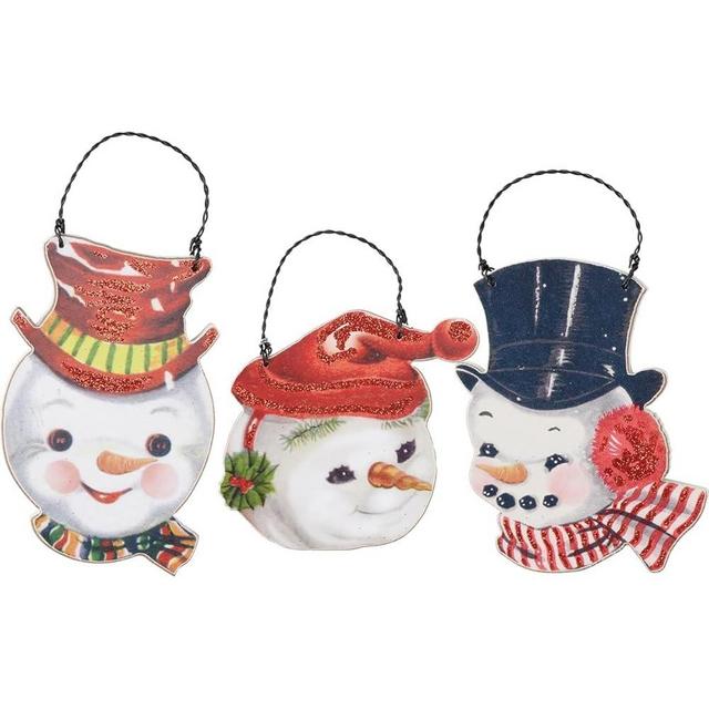 Primitives by Kathy Vintage White Snowmen Hanging Christmas Ornament, Charming Set, Snowman Head Design, Christmas Wooden Decorative Ornament, Set of 3