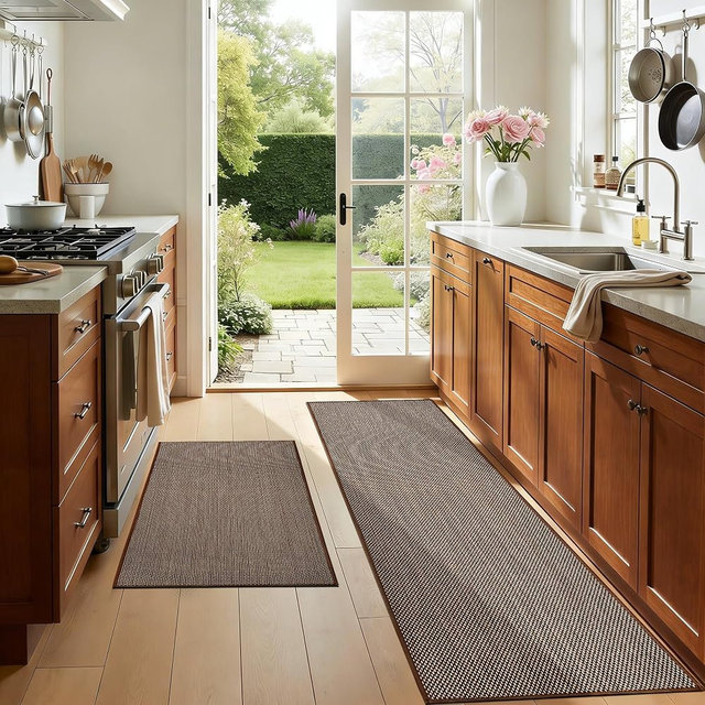 Brown Kitchen Rugs Non Slip Washable Set of 2 PCS, Cushioned Rugs for Kitchen Floor, Absorbent Runner Rug Comfort Mats with Rubber Backing for Kitchen, Hallway, Bathroom, Bedroom, 17.3"x30"+17.3"x47"