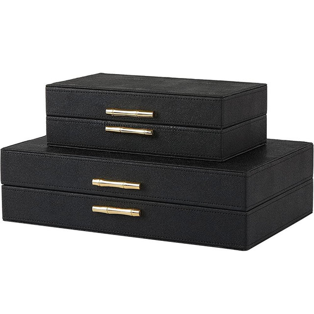 ZIKOUL Modern Decor Box Black Shagreen Leather Decorative boxes with lids for Home Decor Wooden Box With Hinged Lid