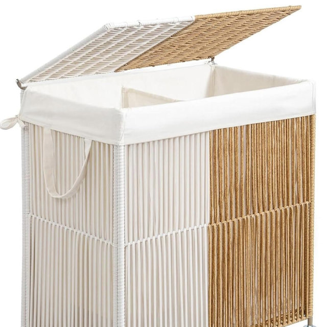 WOWLIVE Laundry Hamper with Wheels, Handwoven Rolling Laundry Basket with Lid, Clothes Hamper with Divided Removable Liner Bag, 115L Large Laundry Sorter Laundry Room Organization, White and Natural