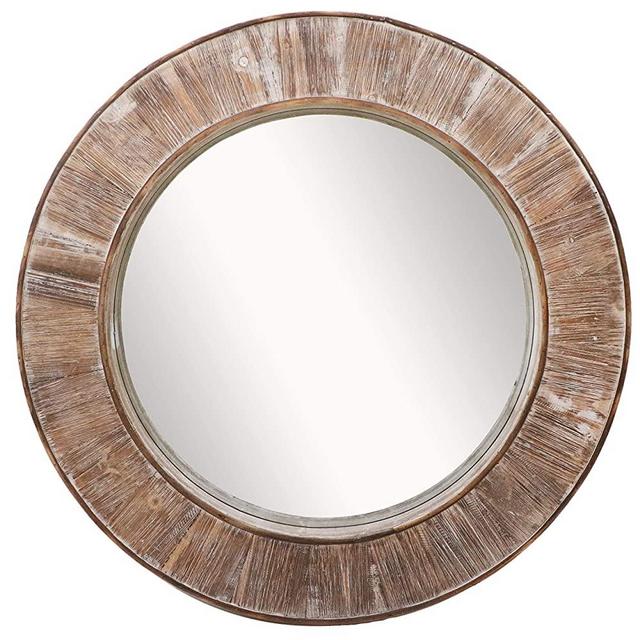Barnyard Designs Round Decorative Wall Hanging Mirror, Large Wooden Circle Frame, Rustic Distressed Wood Farmhouse Mirror for Bedroom, Bathroom or Living Room Wall Decor, 31.5”