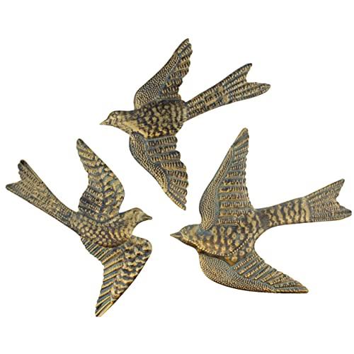Large 14" Metal Birds Decorative Wall/Fence Plaques Brass Verdigris Garden Art Sculptures - Set of 3