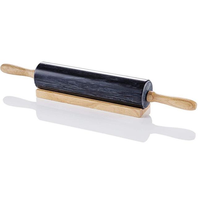 JEmarble Rolling Pin-Wooden Handles(Black)(Premium Quality) Polished Surface 18-inch(10" Roller) Genuine Stone Non-stick Save Effort Easy to Clean