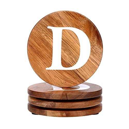 Wood Coasters Set, Natural Wooden letters Coasters for Drinks, Set of 4 Wood Coasters, Wedding Coasters, Personalized Coasters Customizable with Name, Monogrammed Letter D