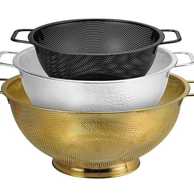 3PCS Three Colors Mix Colander Set, 3QT Black & 4QT Silver & 5QT Gold, Stainless Steel Pasta Strainer with Handle for Prepping Washing Draining Storing Food, Dishwasher Safe
