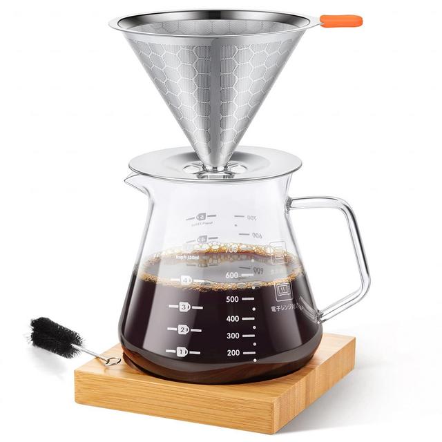 E-PRANCE Pour Over Coffee Maker with Slow Drip Coffee Filter 4 Cup Coffee Carafe, Paperless Pour Over Coffee Dripper, Bamboo Tray/Cleaning Brush Included (700ml/ 24oz)