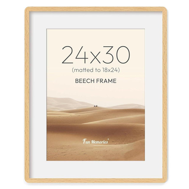 Fun Memories 24x30 Poster Frame with Mat for 18x24 - Solid Beech Wood Photo Frame, Rounded Corner 24 x 30 Wooden Frame Matted to 18x24 Photo, 24 By 30 Wood Frame with Tempered Glass, Natural Beech