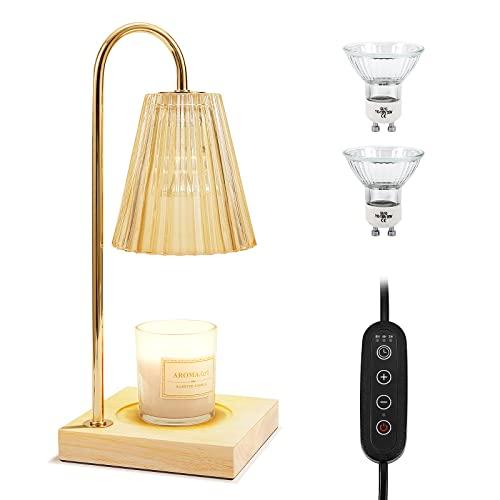 Candle Warmer Lamp, Dimmable Candle Warmer with Timer 2 Bulbs Wood Base Electric Candle Lamp Compatible with Jar Candles Vintage Candle Melter Top Melting for Scented Wax (Amber)