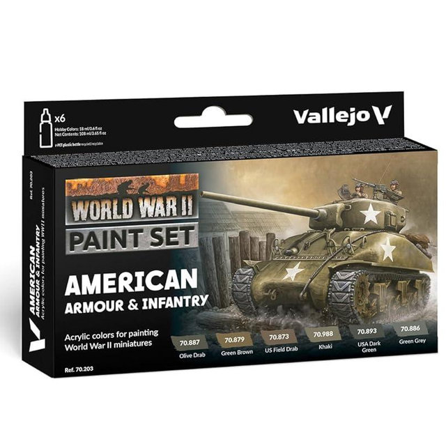 Vallejo - WWII American Armour & Infantry Model Color Paint Set | Historic US Military Shades | Brush & Airbrush Compatible Acrylic Colors | Pro Modeler Collection | 6 bottles x 18 ml. (0.6 fl.oz)