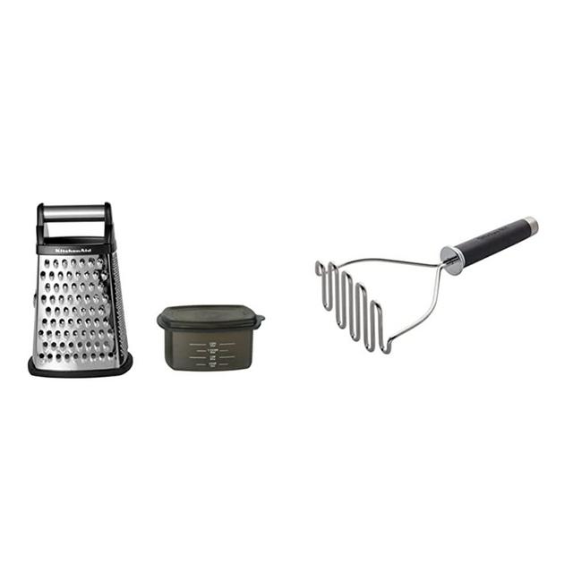 KitchenAid Gourmet 4-Sided Stainless Steel Box Grater with Detachable Storage Container, 10 inches tall, Black & Gourmet Stainless Steel Wire Masher, 10.24-Inch, Black