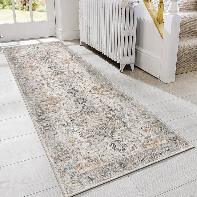 GENIMO Area Rug 2x8 Non Slip Vintage Hallway Runner Rug, Low Pile Lightweight Rugs for Entryway, Hallway, Kitchen and Corridor, Light Taupe Brown