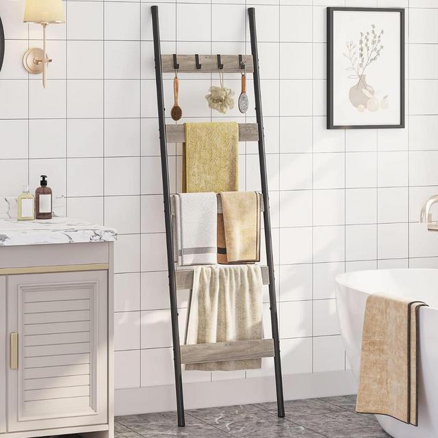 HOOBRO Blanket Ladder, 5-Tier Towel Rack with Hooks, Wall-Leaning Blanket Rack, Decorative Display Ladder Shelf, Scarves, Industrial, Living Room, Bedroom, Greige and Black BG52CJ01