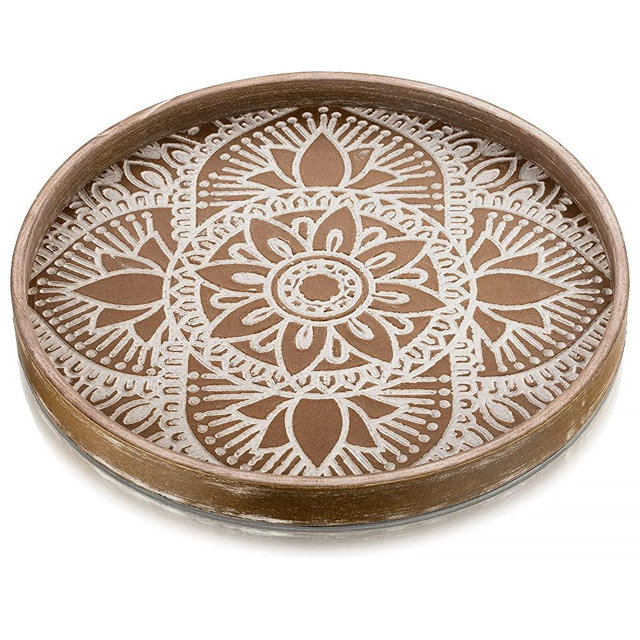 Hanobe Round Wood Decorative Tray: Rustic Coffee Table Tray Farmhouse Tray Decor White Washed Centerpiece Wooden Serving Trays Rounded Tray for Kitchen Counter Boho Ottoman Tray for Home