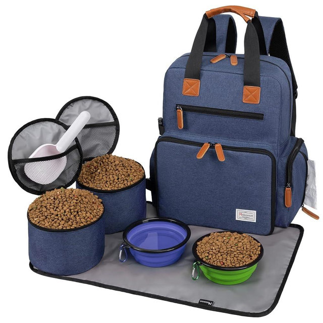 Modoker Dog Travel Bag, Airline Approved Backpack for Pet Accessories Organizer, Tote Weekend Bag with 2 Dog Food Storage Containers, 2 Collapsible Dog Bowls, 1 Pet Mat, Blue