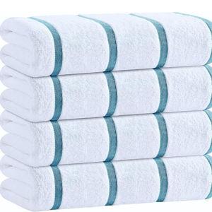 White Classic Cotton Pool Towels Oversized 30 x 60 Inches, Ultra Absorbent and Low Lint Striped Beach Towels for Adults, Stripes Design Luxury Extra Large Bath Towels, Light Blue, 4 Pack