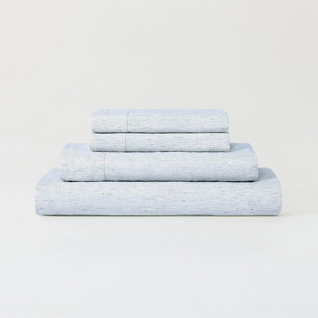 Sijo Stone Washed Organic French Linen Bed Sheet Set, GOTS Certified Organic, Best Cooling Linen Sheet Award by Sleep Foundation, 4 Piece - 2 Pillowcases, 1 Fitted and 1 Flat (Pinstripe, King)