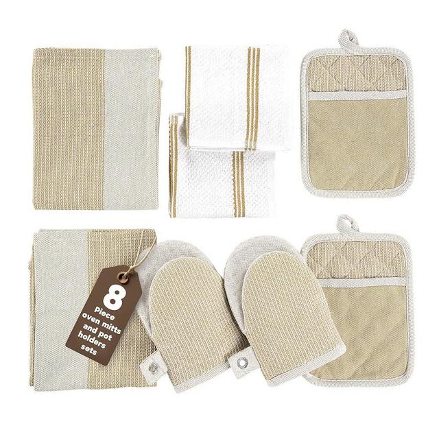 Casa Platino Pot Holders and Oven Mitts, 8-Piece – 500°F Heat Resistant Mini Oven Mitts with Silicone Grip, Potholders for Kitchens, 2 Kitchen Towels & 2 Dish Cloths – Non-Slip & Durable – Beige