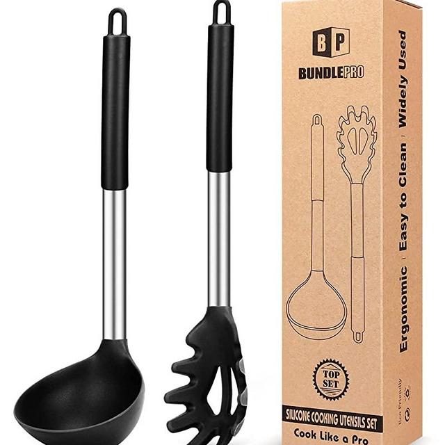 Silicone Pasta Fork and Ladle Spoon Set, Large Non Stick Kitchen Utensils for Cooking,Stirring,Serving Spaghetti, Soup, Sauce