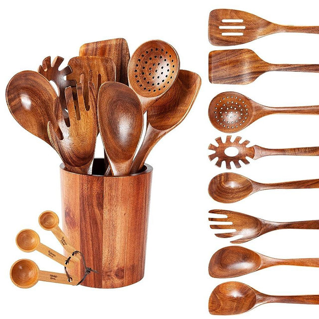 12 PCS WOSPONFAN Kitchen Utensils Set - Wooden Spoons for Cooking, Natural Teak Wooden Utensils - Includes Wooden Spoons, Spatula Set, Slotted Spoon - Handmade Wooden Spoon Set