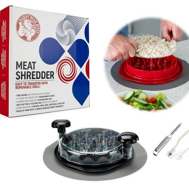 Daddy Bear Bites Meat Shredder Tool Premium Bundle! Shredded Chicken Tool with Shredding Grill, Cleaning Brush, Non Slip Mat and Cheese Grater! Meat Breaker Upper Chicken Shredders for Kitchen, Black