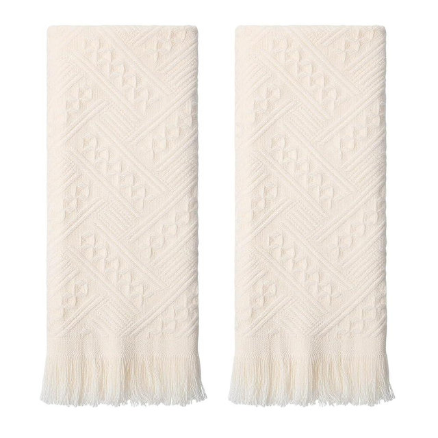 KFHENSOMR 2 Packs Boho Decorative Hand Towels Bathroom, 14x30 Inches Turkish Absorbent Soft Face Towel Set Cotton Drying Body Towels for Farmhouse Kitchen Hotel Spa Guest(Cream White)