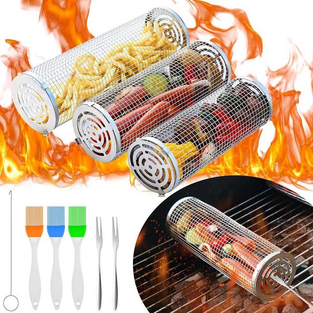 Rolling Grilling Basket, 3 PCS Grill Baskets, Grill Baskets for Outdoor Grill, Stainless Steel Grill Mesh, Portable Grill Baskets for Vegetables, Shrimp, Fish
