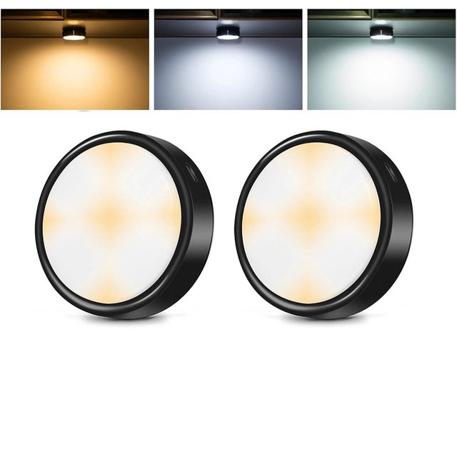 HOLKPOILOT Puck Lights with Remote, 2000mAh Battery Operated Rechargeable Under Cabinet Lighting, 3 Color Temps & 7 RGB Colors, Magnetic Closet Light, Black Wireless Puck Light for Kitchen, Shelf.