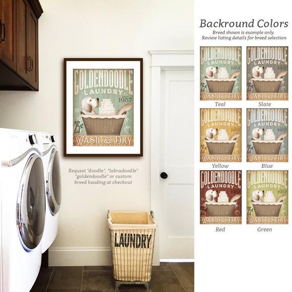 DOODLE goldendoodle labradoodle dog laundry basket laundry room art vintage style artwork by Stephen Fowler Giclee Signed Print