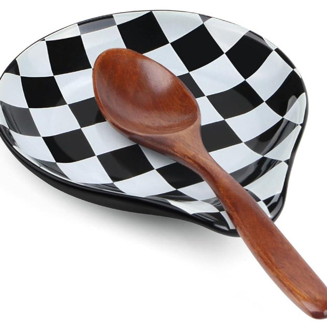 VanlonPro Ceramic Spoon Rest, 5 Inch Spoon Holder for Stove Top, Kitchen Counter, Utensils, Ladle, Coffee Spoons, Cooking spoons, Spatula, Tongs, Heat-Resistant, Housewarming Gifts, Black&White Check