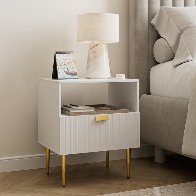 AEPOALUA Nightstand with Drawers, Fluted Night Stand, End Table for Living Room, Mid Century Modern Bedside Table, Dresser for Bedroom (11-White Stripe, 1 Drawer)
