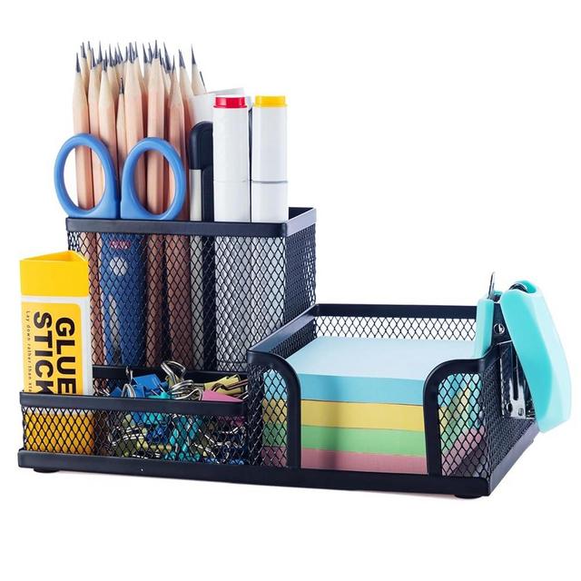 M&G Mesh Pen Holder Desk Organizers Pencil Holder for Desk Black, 3 Compartments Metal Office Supply Organizer with Sticky Notes Holder for School Home Office