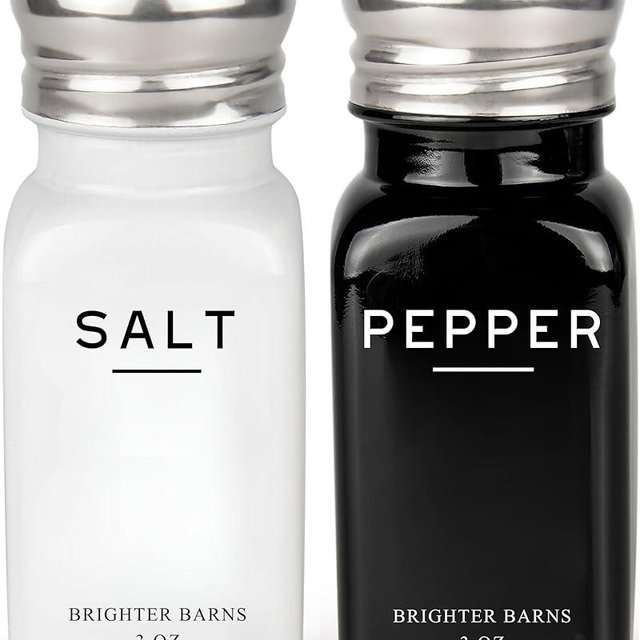 Farmhouse Salt and Pepper Shakers Set by Brighter Barns - Modern Kitchen Decor, Dining Table Countertop Accessory - Rustic, Vintage Glass Shakers with Stainless Steel Lids for Home, Restaurant