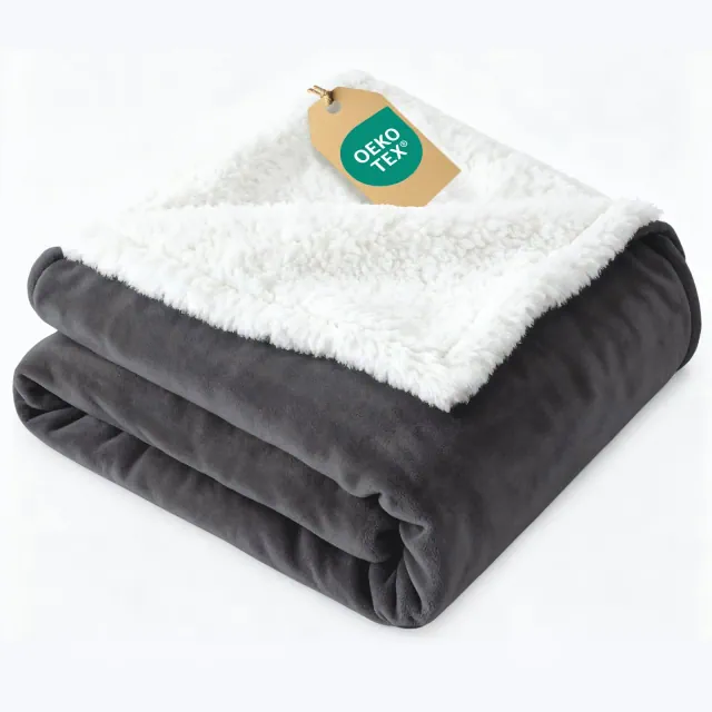 CGK Linens Solid Plush Bed Blanket with Faux Shearling Reverse, Queen Size, Dark Grey