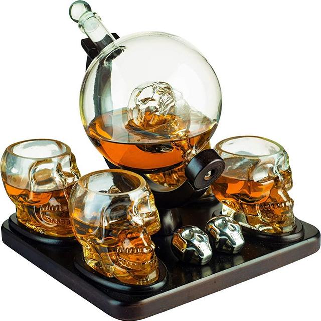 Large Skull Face Decanter with 4 Skull Shot Glasses and Beautiful Wooden Base and 4 Halloween Skull Whiskey Chillers - By The Wine Savant 750ml Decanter 4 Ounces Shot Glasses