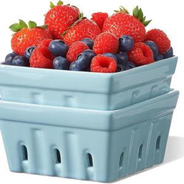 ONEMORE Berry Basket Ceramic Berry Bowls with Holes Square Fruit Bowl Berry Colander Containers for Fridge - 5.8" Fruit Basket for Kitchen Décor, Set of 2, Blue
