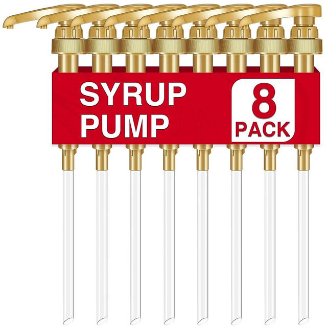 VOISEN 8Pcs Syrup Pump Coffee Syrup Pump Dispenser Coffee Syrup Bottle 750ml 25.4oz Syrup Pump Great for Home & Coffee Bar Drinking Mixes, Tea,Beverage(Gold)