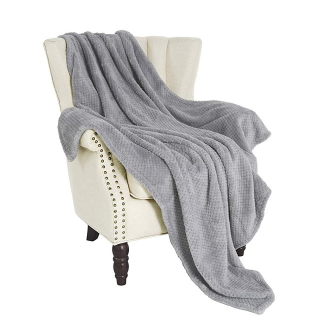 Exclusivo Mezcla Waffle Flannel Fleece Velvet Plush Large Throw Blanket – 50" x 70" (Grey)