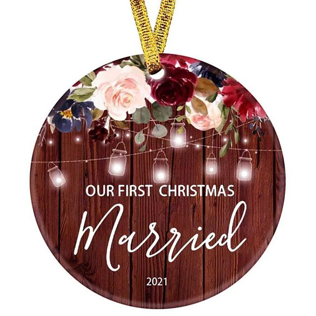 Our First Christmas Married Ornament 2021 1st Year Married Newlyweds 3" Flat Circle Porcelain Ceramic Wedding Ornament (Married)