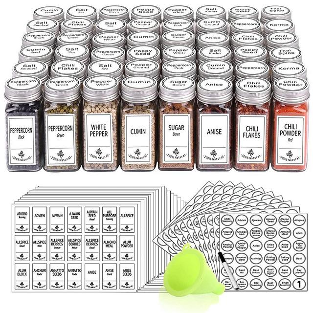 SWOMMOLY 48 Glass Spice Jars with 806 White Spice Labels, Chalk Marker and Funnel Complete Set. Square Bottles 4 oz Empty Spice Containers, Airtight Cap, Pour/sift Shaker Lid, Square and Round Labels