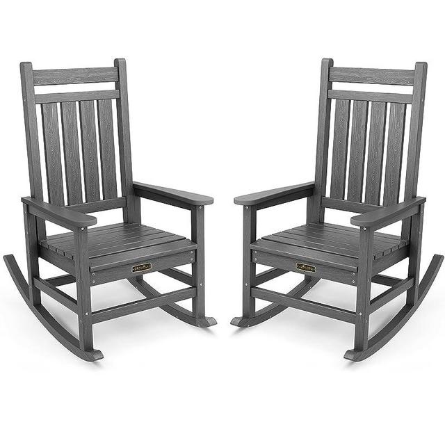SERWALL Outdoor Rocking Chair Set of 2, Oversized Rocking Chairs for Adult, All Weather Resistant Porch Rockers for Lawn Garden, Grey