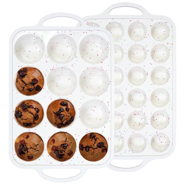 Silicone Muffin Pan with Metal Reinforced Frame - 12 Cups Muffin Pan With 24 Cups Mini Silicone Muffin Pan for Homemade Muffins, Cupcakes, Oven and Dishwasher Safe - Set of 2, Rainbow Dots