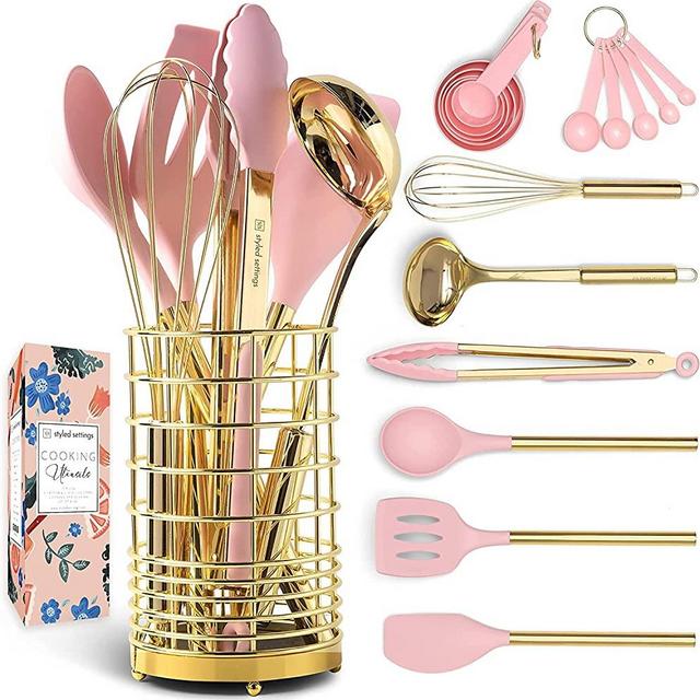 Gold & Pink Kitchen Utensils Set -17 PC Pink Silicone and Gold Cooking Utensils Set Includes: Gold Utensil Holder, Pink Measuring Cups and Spoons Set, Gold Kitchen Utensils - Pink Kitchen Accessories