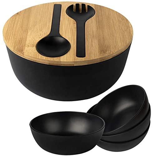 ACASSA Large Salad Bowl with Salad Servers/ Utensils, Salad Serving Bowls / Pinch Bowls / Fruit Bowls / Cereal Bowls / Pasta Bowls, Cutting Board, Bamboo Fiber, Black, Set of 9