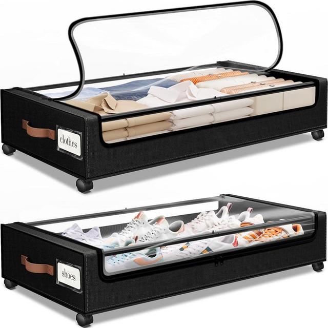 SpaceHacks Under Bed Storage with Wheels 2Pack Storage Containers with Clear Window&Label Under Bed Drawers Rolling Under Bed Storage for Clothes,Shoes, Blankets (30.71 x 16.93 x 6.69 in, Black)