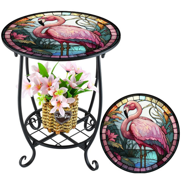 Cinnvoice Outdoor Side Table Round Small Mosaic Patio Accent Indoor End Plant Coffee Tea Table for Yard Patio Porch Garden Living Room, Bedroom(Flamingo Style,14 Inch)