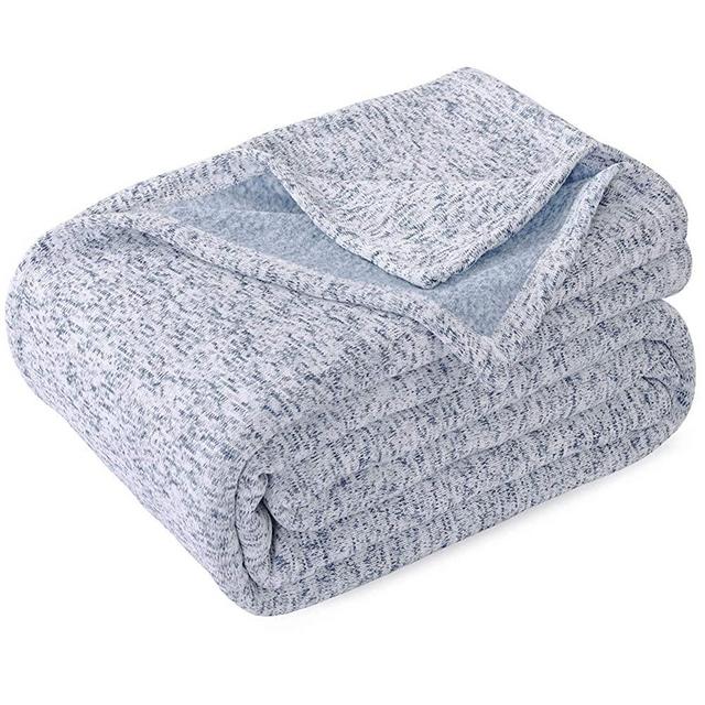 KAWAHOME Knit Blanket Lightweight Breathable Fuzzy Heather Jersey Thin Blanket for Couch Sofa Bed Queen Size 90 X 90 Inches Blue and White