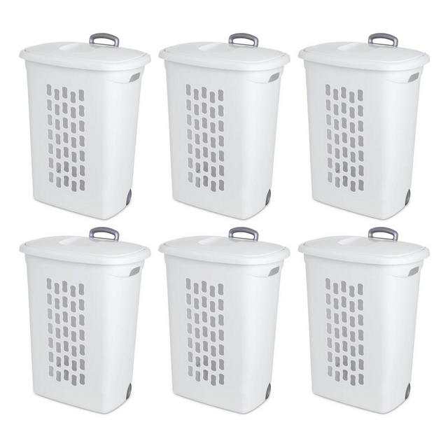 Sterilite Ultra Wheeled Laundry Hamper with Lid, Handle and Wheels for Easy Rolling of Clothes to and from the Laundry Room, Plastic, White, 6-Pack