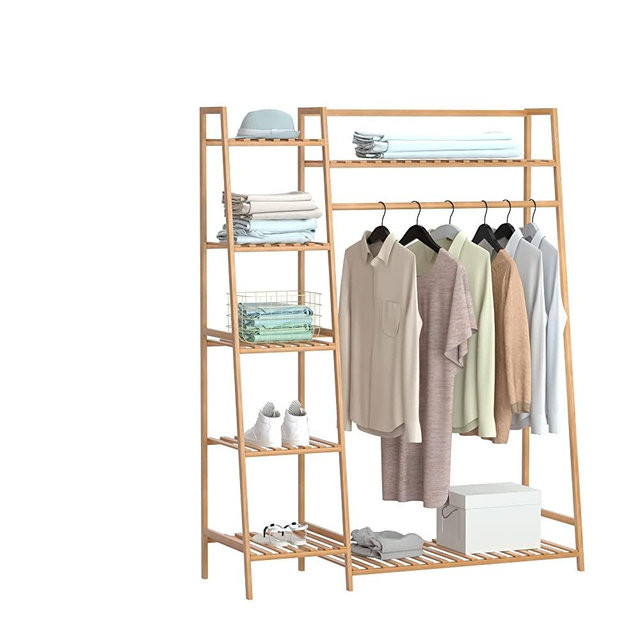 43.5" Bamboo Clothing Garment Rack Free Standing Clothes Coat Hanger Rolling Closet Organizer Shoe Rack Wardrobe Storage Hall Tree Entryway Living Bedroom Office Storage Shelves Clothes Hanging Rack